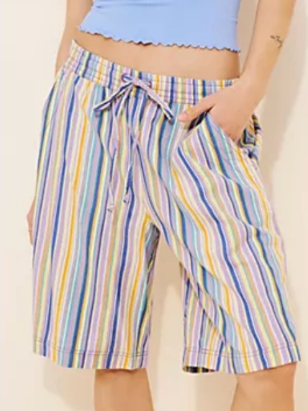 Free People Saylor Poplin Multi-Stripe Purple Drawstring Bermudas